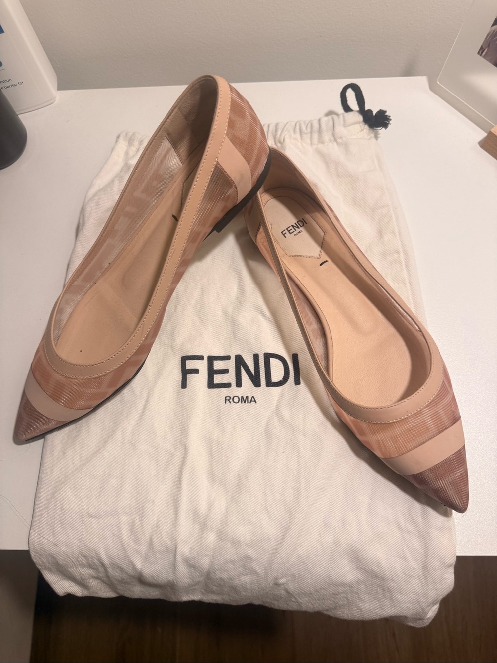 Fendi Nude Pink Pointed-Toe Mesh & Leather Flats